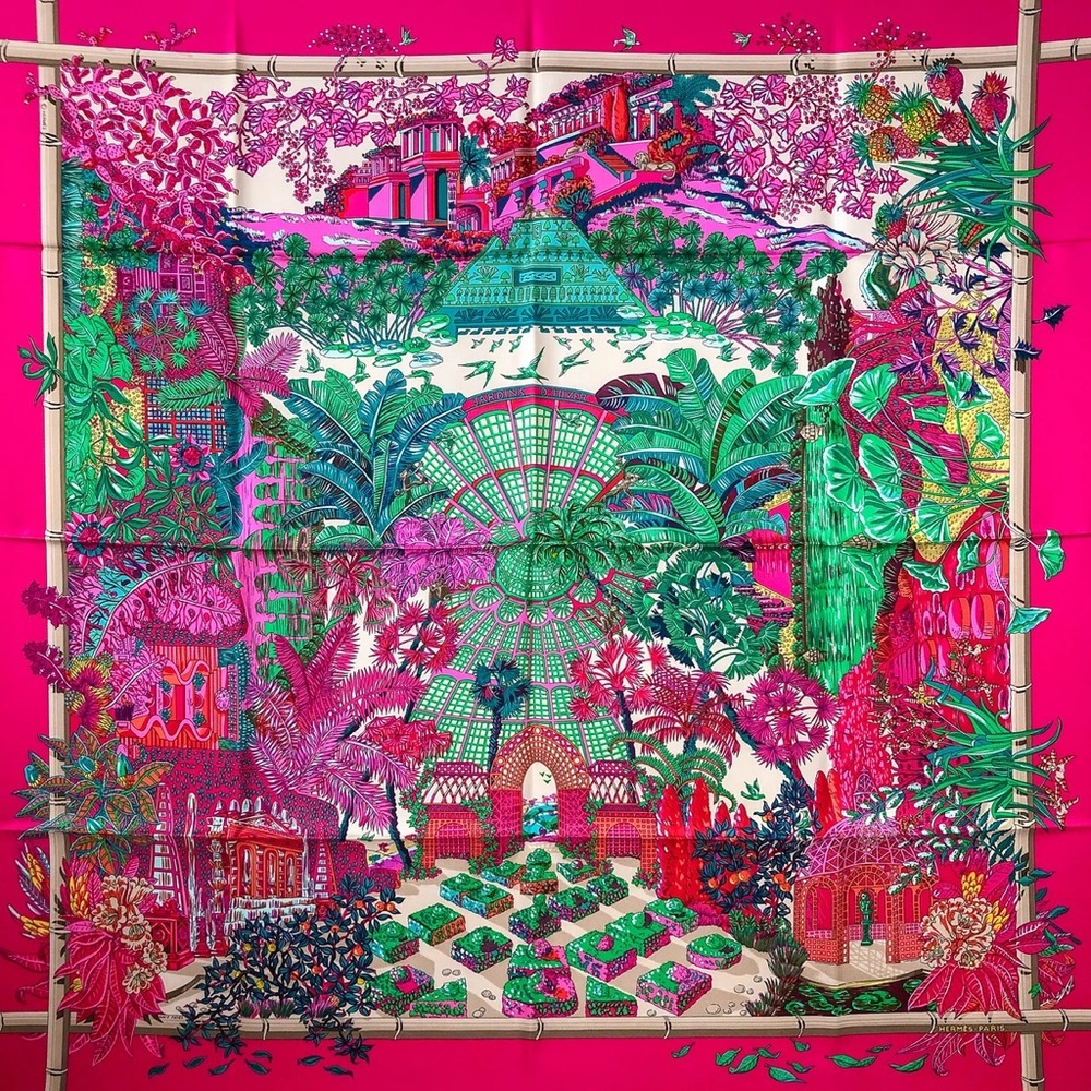 Rare Vintage Hermes Jardins d’Hiver by Annie Faivre Rose Pink Silk Scarf 90cm